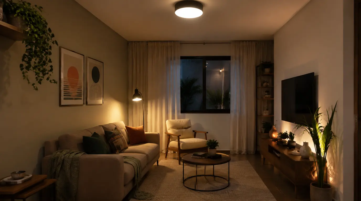 Sala de estar com iluminação em camadas