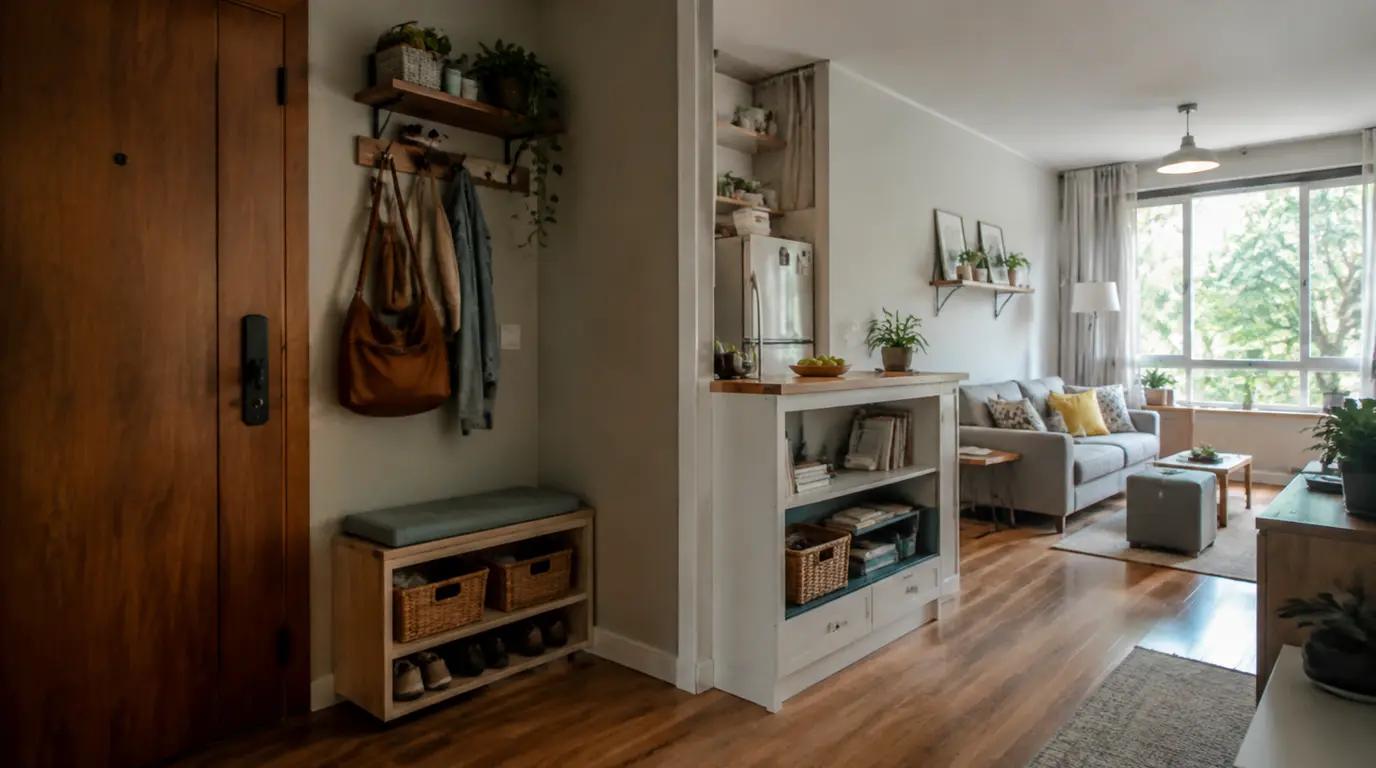 Entrada e sala de apartamento organizadas