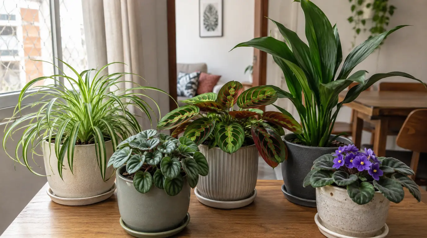Cinco plantas de interior em vasos