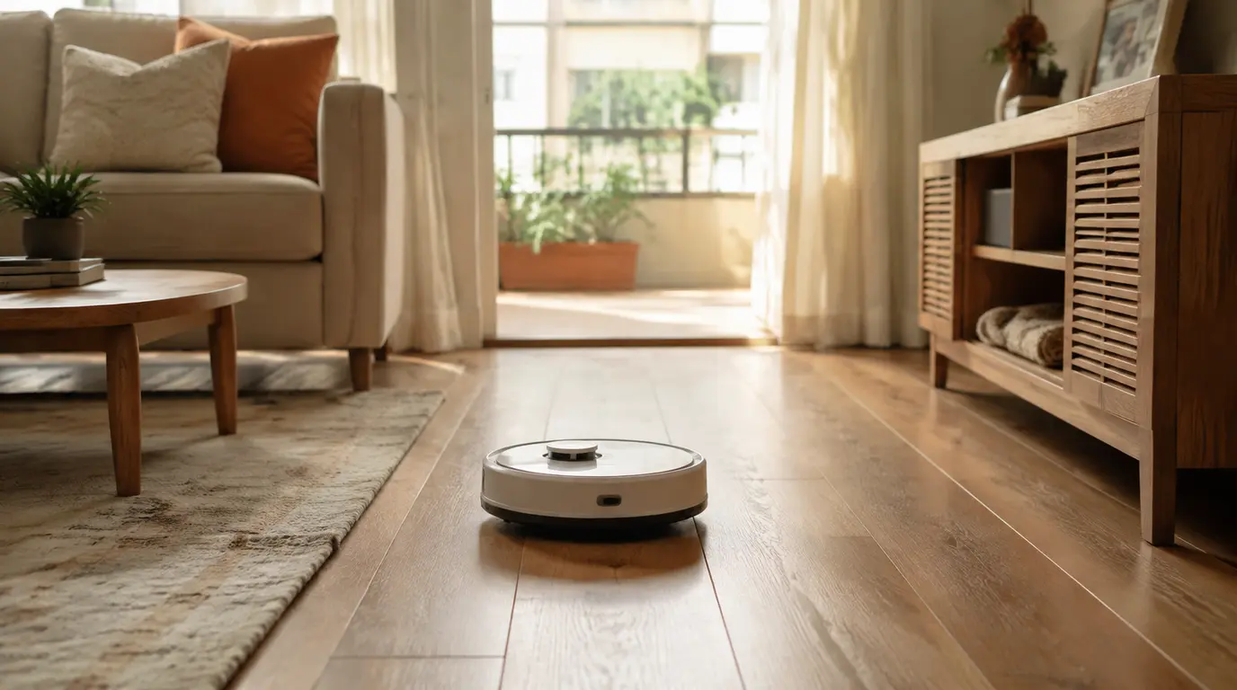 Robô aspirador em sala de apartamento